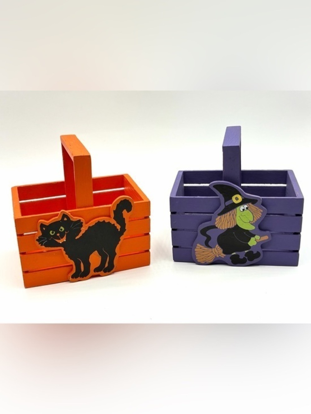 Vintage 90s Halloween Wooden Basket Black Cat Witch Primitive Decor